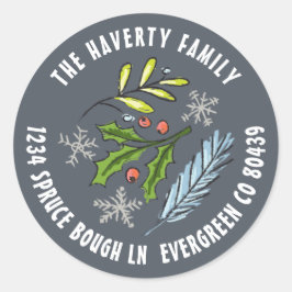 Pegatina Redonda Dusty Blue Sketched Holly Spruce vacaciones de inv