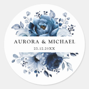 Pegatina Redonda Dusty Blue Slate Navy Boda Botánico Floral