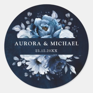 Pegatina Redonda Dusty Blue Slate Navy Boda Botánico Floral Cla