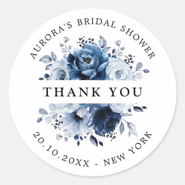 Pegatina Redonda Dusty Blue Slate Navy Bridal Shower (Anverso)