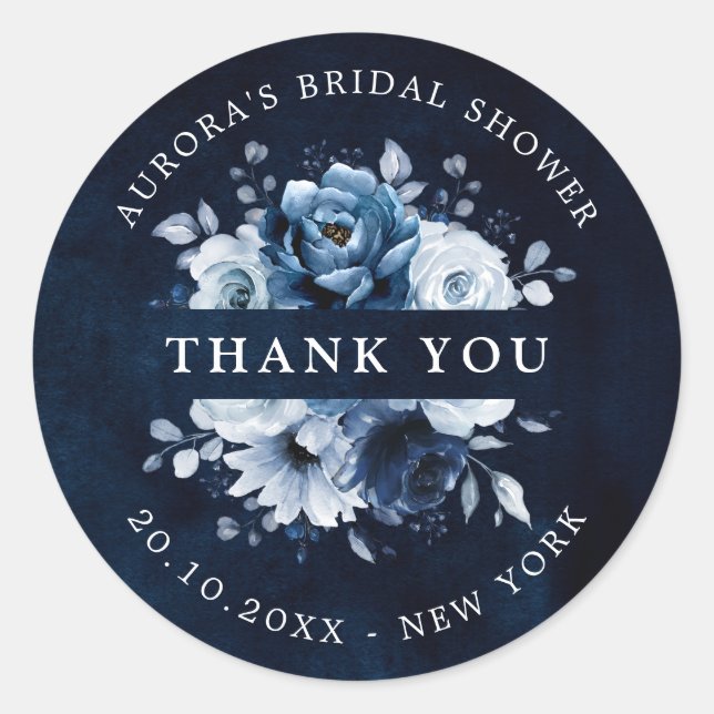 Pegatina Redonda Dusty Blue Slate Navy Bridal Shower (Anverso)