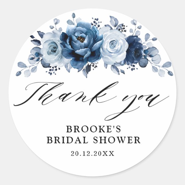 Pegatina Redonda Dusty Blue Slate Navy Bridal Shower (Anverso)