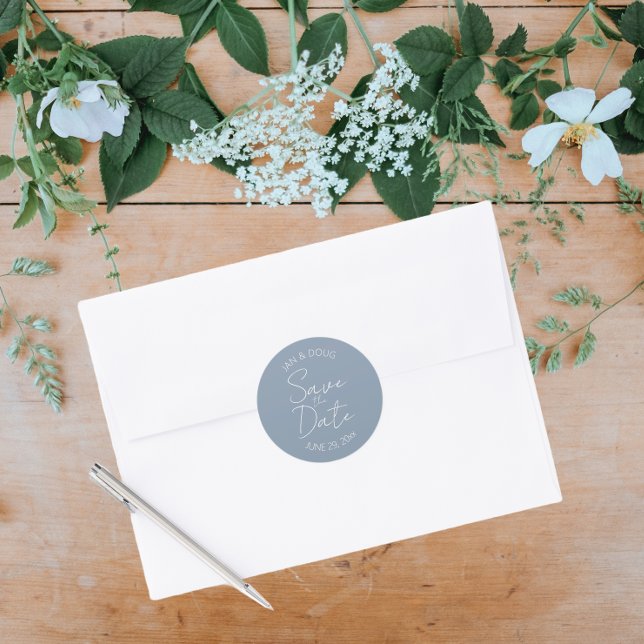 Pegatina Redonda Dusty Blue Stylized Wedding Save the Date (In Situ Wedding)
