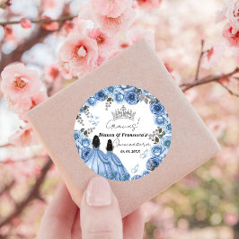 Pegatina Redonda Dusty Blue Watercolor Floral Twin Quinceañera