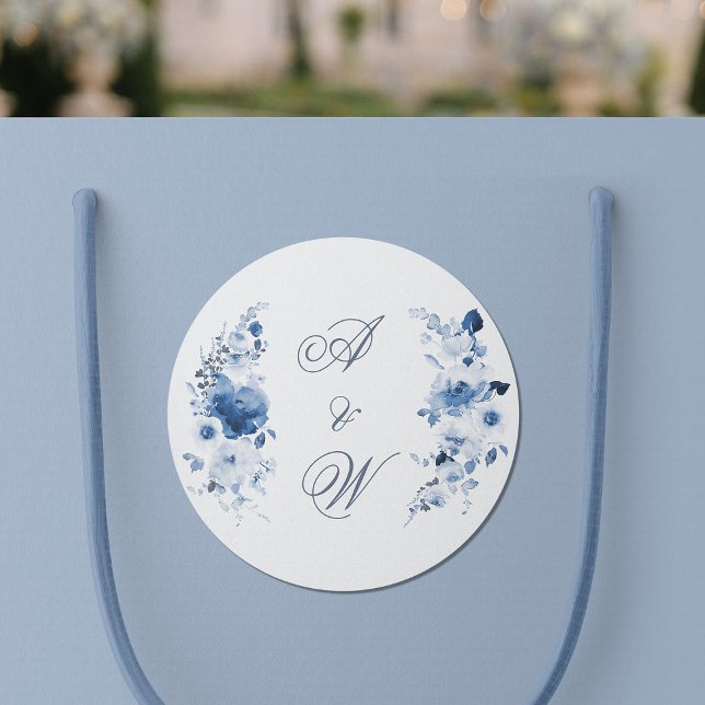 Pegatina Redonda Dusty Blue Watercolor Floral Wedding Monogram (Subido por el creador)