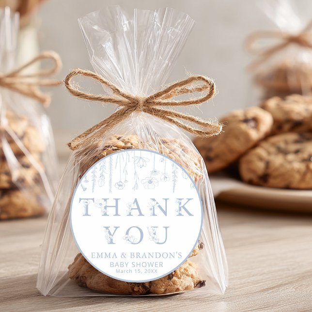 Pegatina Redonda Dusty Blue Wildflower Baby Shower Thank You  (Blue Wildflower Thank You Sticker)