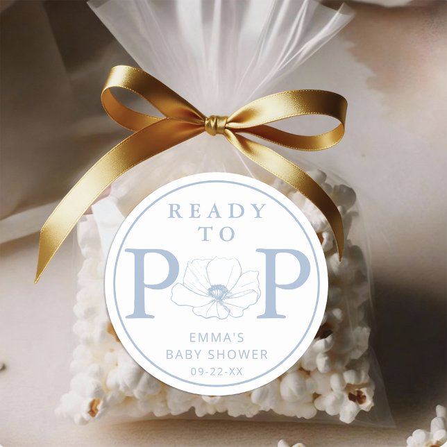 Pegatina Redonda Dusty Blue Wildflower Ready to Pop Baby Shower  (Ready To Pop - Dusty Blue Baby Shower Sticker)