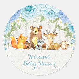 Pegatina Redonda Dusty Blue Woodland Baby Animals Gracias