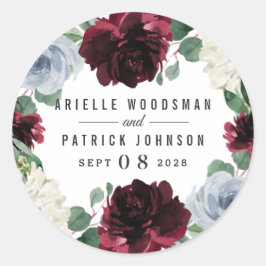 Pegatina Redonda Dusty Blue y Burgundy Cranberry Fall Wedding