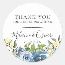 Pegatina Redonda Dusty Blue Yellow Botanical Wedding Favor