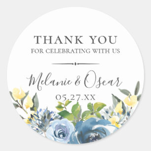 Pegatina Redonda Dusty Blue Yellow Botanical Wedding Favor