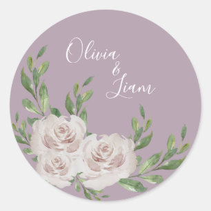 Pegatina Redonda Dusty Lavender Elegante Boda de guiones florales