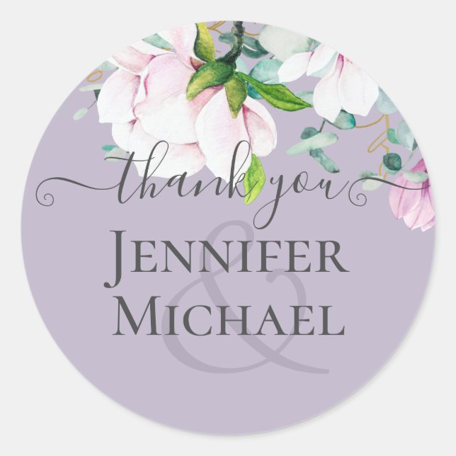 Pegatina Redonda Dusty Lavender Magnolias rosadas Eucalyptus Gracia (Anverso)