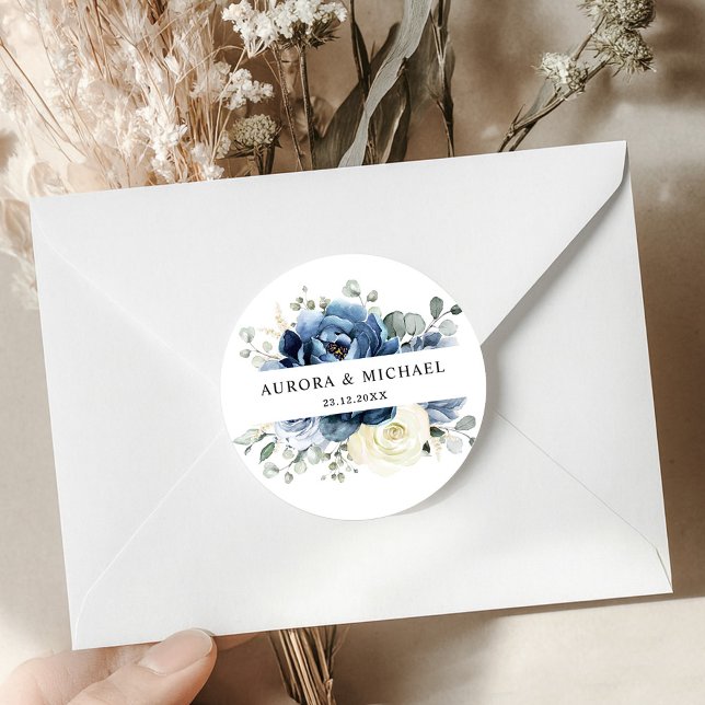 Pegatina Redonda Dusty Marina Azul Champagne Boda de marfil (Dusty Blue Navy Champagne Ivory Floral Wedding Classic Round Sticker)