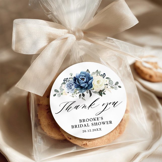 Pegatina Redonda Dusty Marina Azul Champagne Ivory Gracias (Dusty Blue Navy Champagne Ivory Bridal shower Thank you Classic Classic Round Sticker)