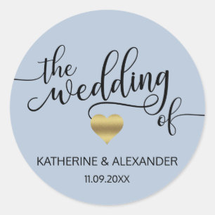 Pegatina Redonda DUSTY moderno de corazón dorado AZUL EL BODA DE SE
