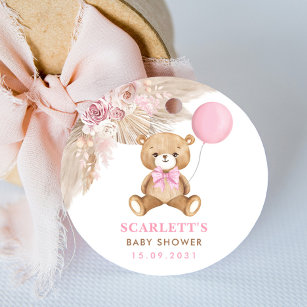 Pegatina Redonda Dusty Pink Floral Boho Teddy Bear Baby Shower