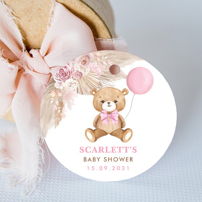 Pegatina Redonda Dusty Pink Floral Boho Teddy Bear Baby Shower (Subido por el creador)