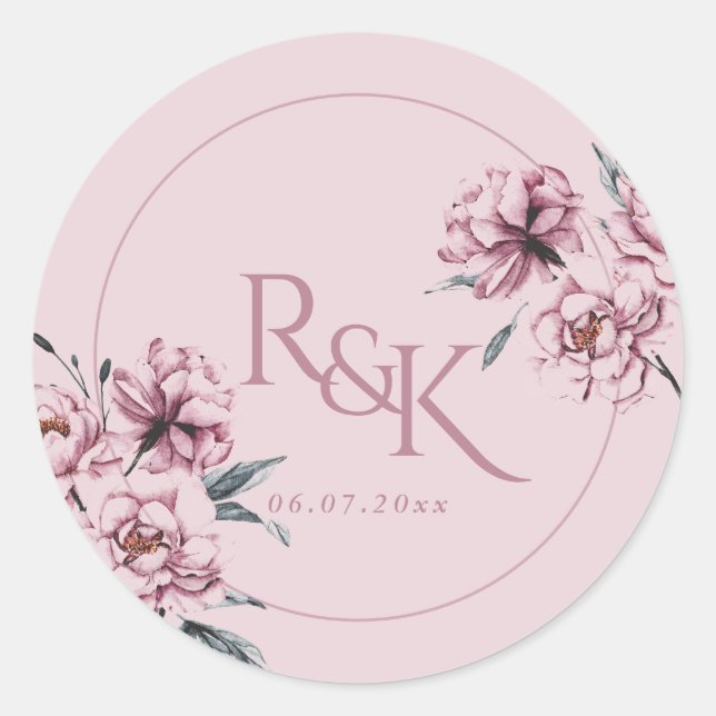 Pegatina Redonda Dusty Pink Mauve Peony Wedding Favor Round Sticker (Anverso)