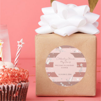 Pegatina Redonda Dusty Pink Rayas Vintage Floral Baby Shower Niña
