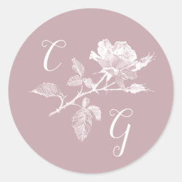 Pegatina Redonda Dusty Pink Rose Line Art Monogram Wedding