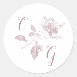 Pegatina Redonda Dusty Pink Rose Line Art Monogram Wedding