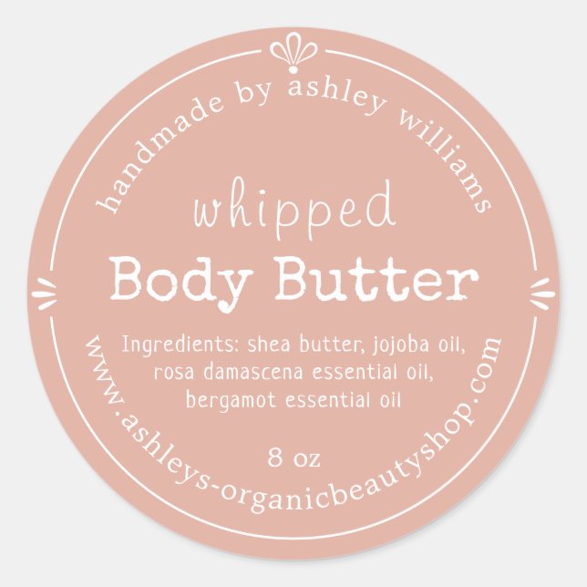 Pegatina Redonda Dusty Pink Script Handmade Body Butter Label (Anverso)