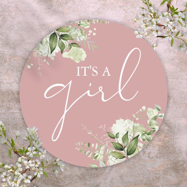 Pegatina Redonda Dusty Rosa Es Un Chica Verde Favor Baby Shower (Dusty Rose Its A Girl Greenery Baby Shower Favor Classic Round Sticker)