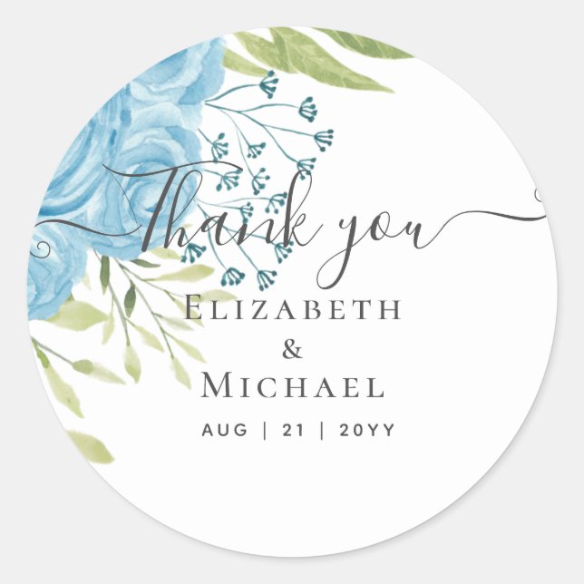 Pegatina Redonda Dusty Rosas azules Lime deja presupuesto Boda (Anverso)