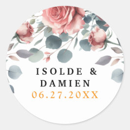 Pegatina Redonda Dusty Rose ElegantPink Mauve Greenery Floral Gold