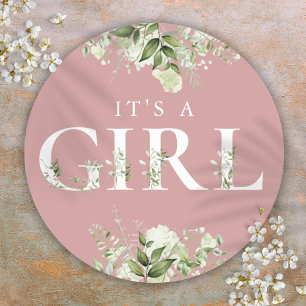 Pegatina Redonda Dusty Rose Es Una Niña Floral Verde Baby Shower