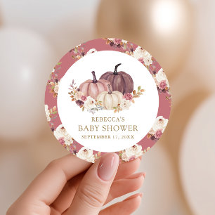 Pegatina Redonda Dusty Rose Rosa Floral Calabaza Baby Shower