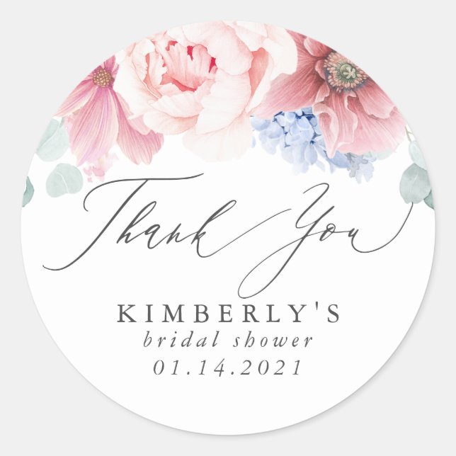 Pegatina Redonda Dusty Rose y Dusty Blue Floral Gracias (Anverso)