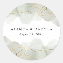 Pegatina Redonda Dusty Sage Green Watercolor Gold Geométrico Boda