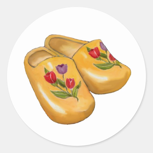 Pegatina Redonda Dutch Wooden Shoes with Tulips, Klompen, Holland (Anverso)