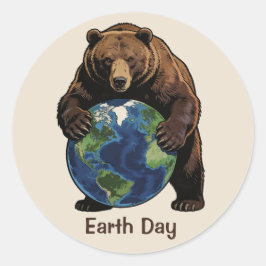 Pegatina Redonda Earth Day Bear Hugging Planet Design