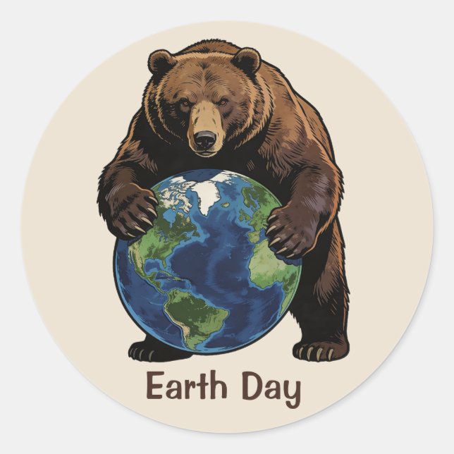 Pegatina Redonda Earth Day Bear Hugging Planet Design (Anverso)