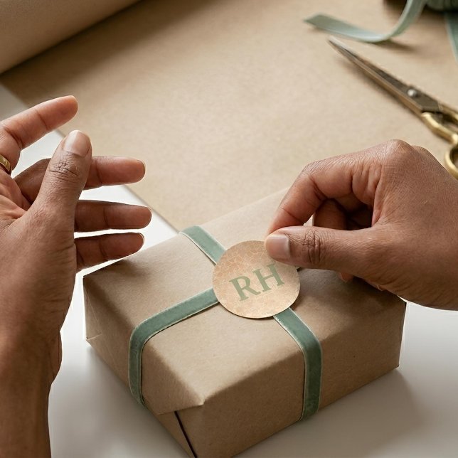 Pegatina Redonda Earthy Arabesque | Terracotta & Sage Personalised (Lifestyle Shot)