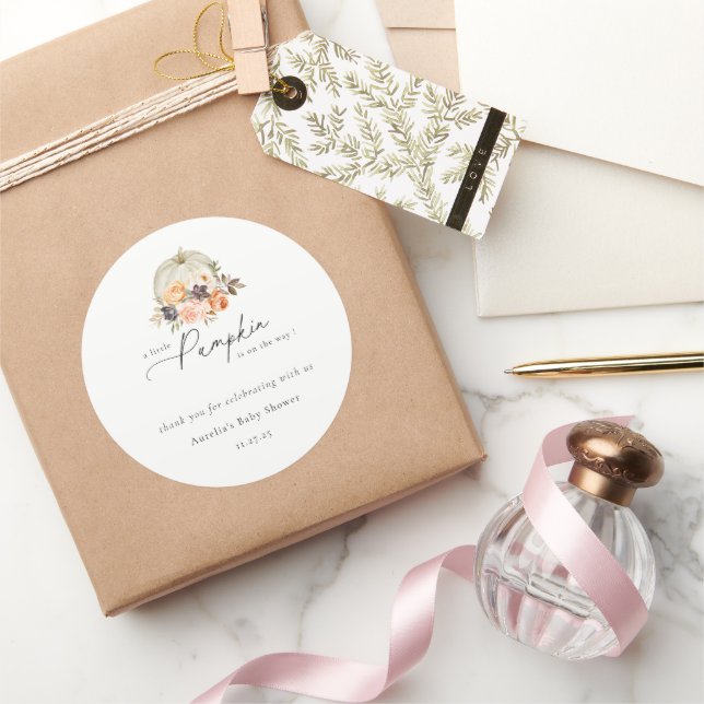 Pegatina Redonda Earthy Autumn Floral Pumpkin Baby Shower Gracias (Regalar)