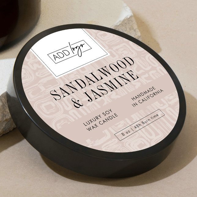 Pegatina Redonda Earthy Beige Bohemian Logo Candle Jar Lid (Modern neutral beige design round product labels with your custom logo and abstract boho background)