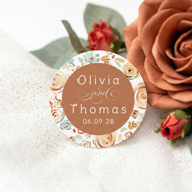 Pegatina Redonda Earthy Floral Whimsical Elegant Fall Wedding (Whimsical Earthy Wedding Stickers with couples names)