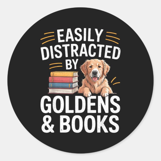 Pegatina Redonda Easily Distracted By Goldens &amp; Books - Golden  (Anverso)