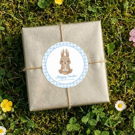 Pegatina Redonda Easter Bunny Blue Watercolor Gingham