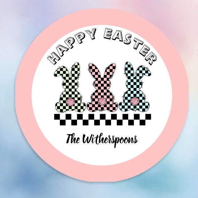 Pegatina Redonda Easter Bunny Checkerboard Pink Green Teal Monogram (Subido por el creador)