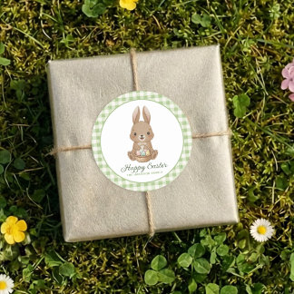 Pegatina Redonda Easter Bunny Green Watercolor Gingham