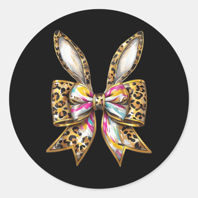 Pegatina Redonda Easter Bunny Leopardo Coquette Bow Happy Easter Gi (Anverso)