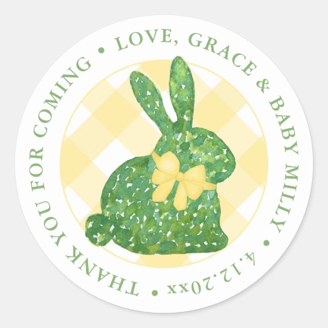 Pegatina Redonda Easter Bunny Preppy Boxwood Baby Shower Gracias (Anverso)