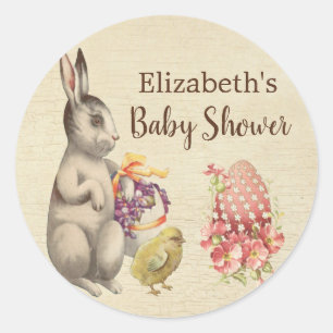 Pegatina Redonda Easter Bunny Vintage Rabbit & Chicken Baby Shower