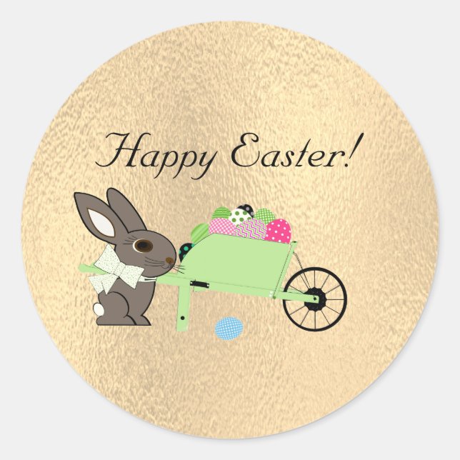 Pegatina Redonda Easter Bunny w Wheelbarrow (Anverso)