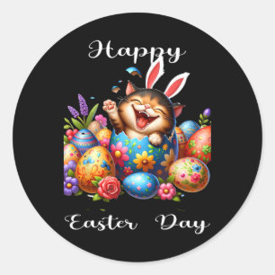 Pegatina Redonda Easter Day Cat Bunny Ears Eggys Para Hombres Mujer
